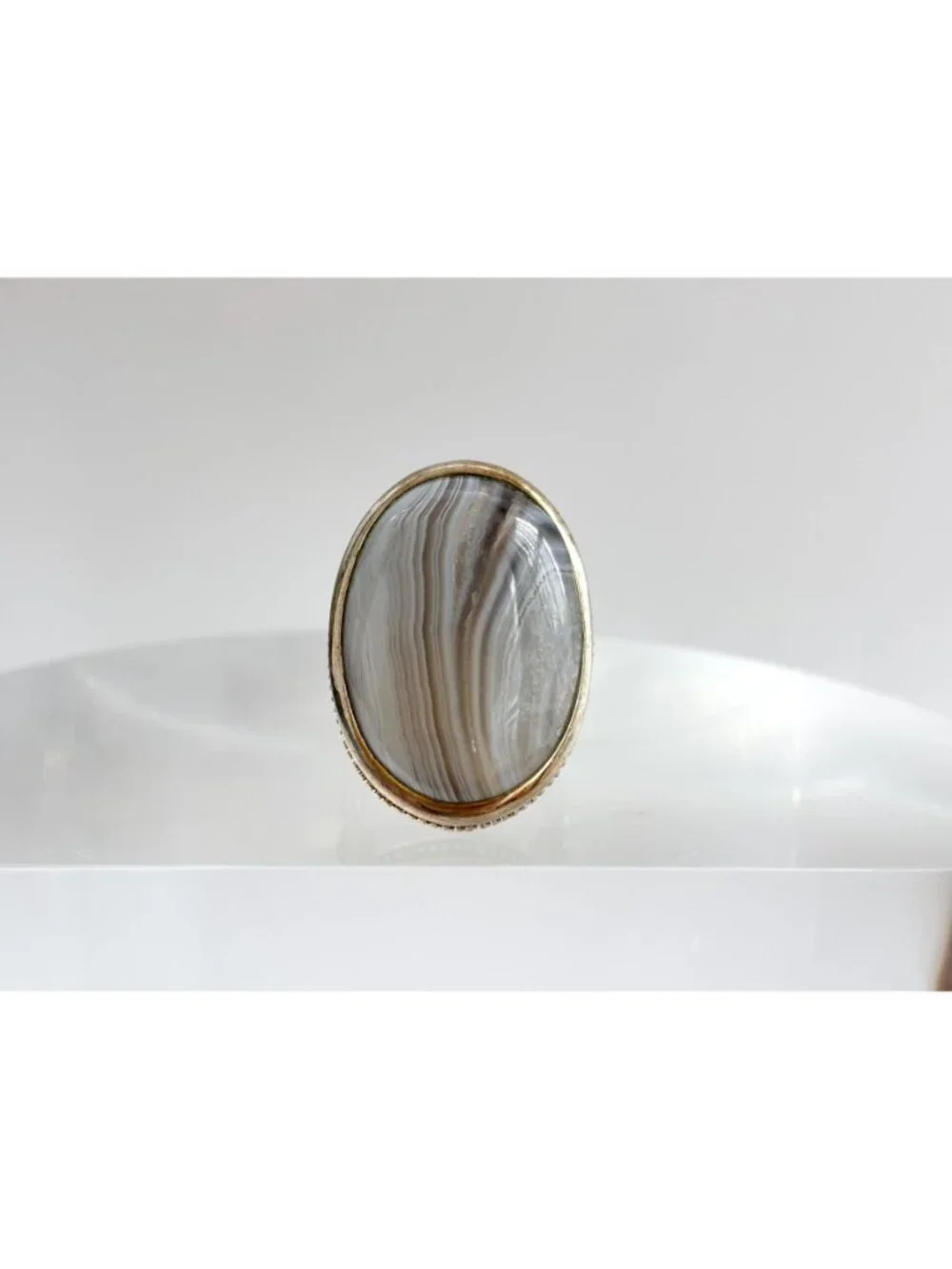 Grey Banded Agate Polished Cabochon Sterling Silver 925 Vintage Ring - sz 8
